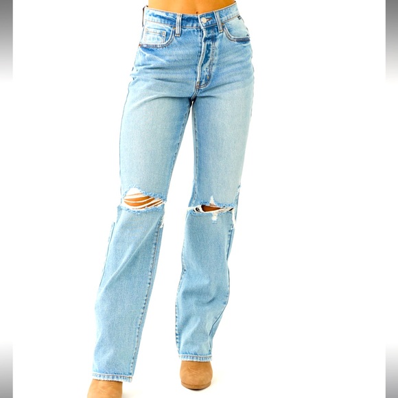 CELLO Junior’s light wash High Waisted Distressed Dad Jeans 5 buttons size 5 - Picture 1 of 15